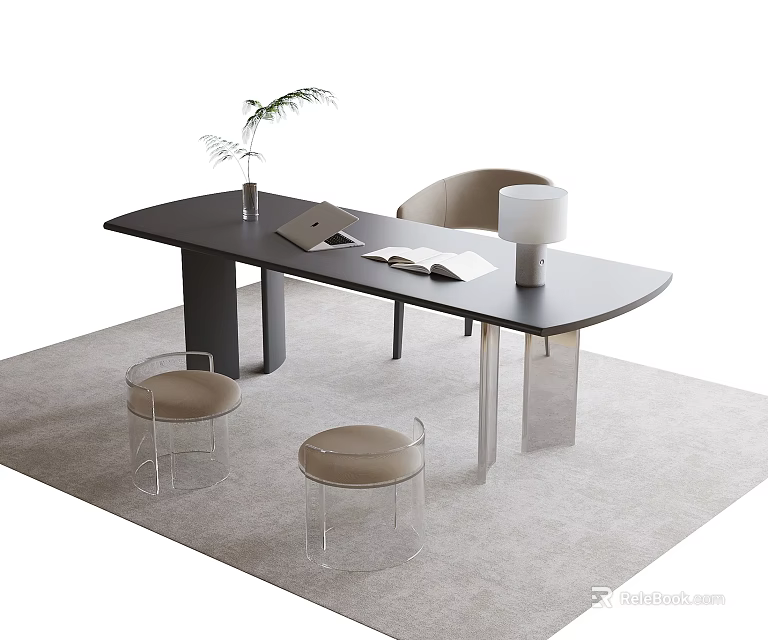 Modern Minimalist Desk Setup With Black Tabletop Clear Stools Open Book And Table Lamp 3d model
