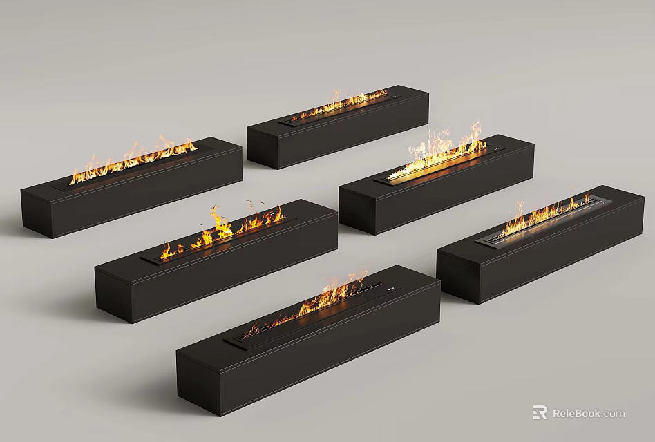 Black Rectangular Fireplaces With Burning Flames In Modern Design 3d model 