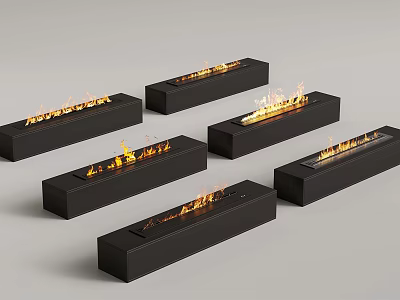 Black Rectangular Fireplaces With Burning Flames In Modern Design 3d model