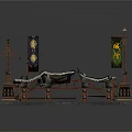 Cartoon Scene Of Traditional Wooden Architecture With Colorful Canopy Decorative Banners And Pillars