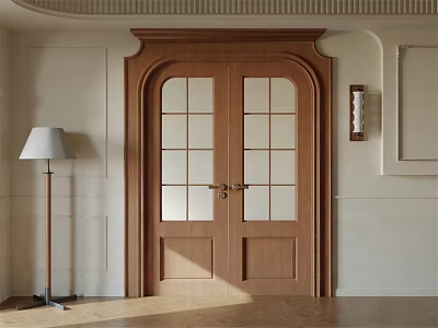 Elegant Wooden Double Doors With Glass Panes In Light Wall Wooden Floor Interior 3d model