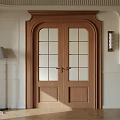 Elegant Wooden Double Doors With Glass Panes In Light Wall Wooden Floor Interior