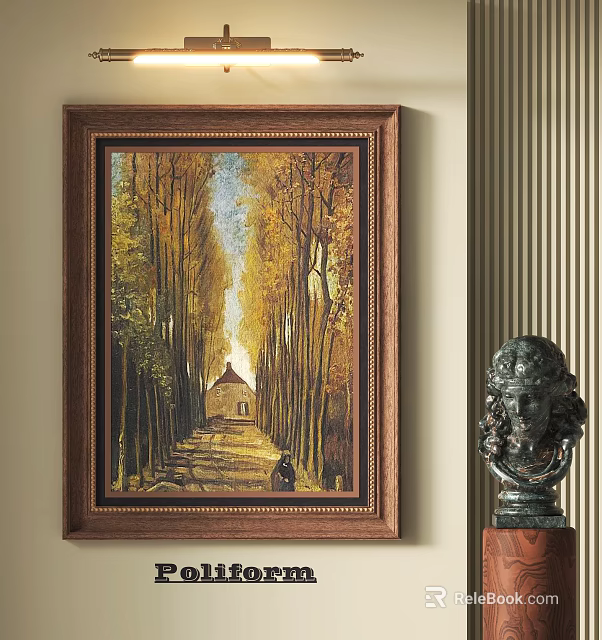 Autumn Country Road Oil Painting with Tall Trees Small House and Brown Frame 3d model 