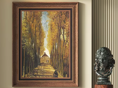 Autumn Country Road Oil Painting with Tall Trees Small House and Brown Frame 3d model