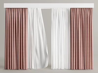 Brown And White Layered Curtains With Textured Fabric And Floor Length Design 3d model