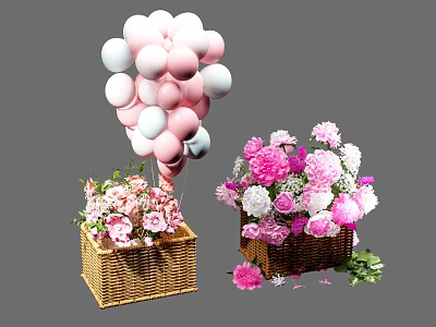 Pink And White Balloons With Flower Bouquets In Wicker Baskets Decorative Ornament Set 3d model