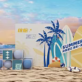 Colorful Summer Photo Check-in Spot with Surfboards Palm Trees and Beach Balls