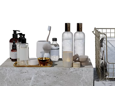 Bathroom Set With Toiletry Bottles Toothbrush Gold Tray Marble Countertop And Storage Basket 3d model