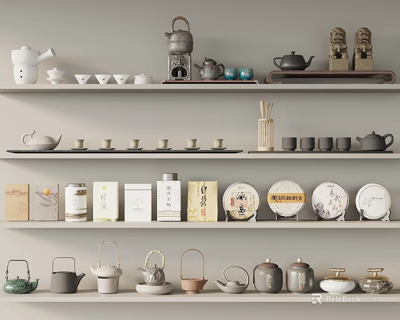 Assorted Tea Sets With Teapots Teacups And Containers Displayed On Multiple Shelves 3d model 