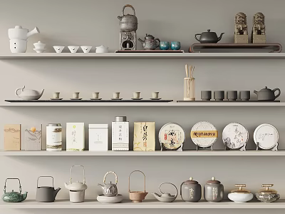 Assorted Tea Sets With Teapots Teacups And Containers Displayed On Multiple Shelves 3d model