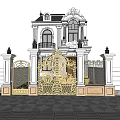 Luxury Detached Villa With White Exterior Ornate Golden Gate Black Accents And Patterned Stone Courtyard