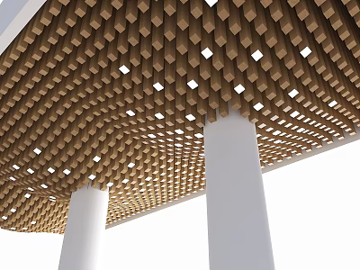 Modern Wooden Geometric Ceiling Design With Recessed Lighting And White Columns 3d model