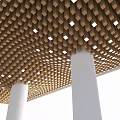 Modern Wooden Geometric Ceiling Design With Recessed Lighting And White Columns