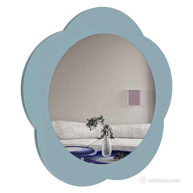 Light Blue Floral Shaped Mirror Reflecting Sofa Vase Plants And Purple Wall Art 3d model 