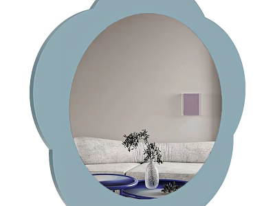 Light Blue Floral Shaped Mirror Reflecting Sofa Vase Plants And Purple Wall Art 3d model