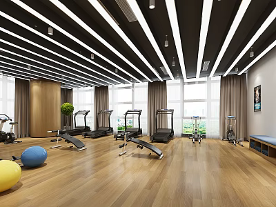 Gym Interior With Treadmills Exercise Balls Wooden Flooring And Large Windows 3d model