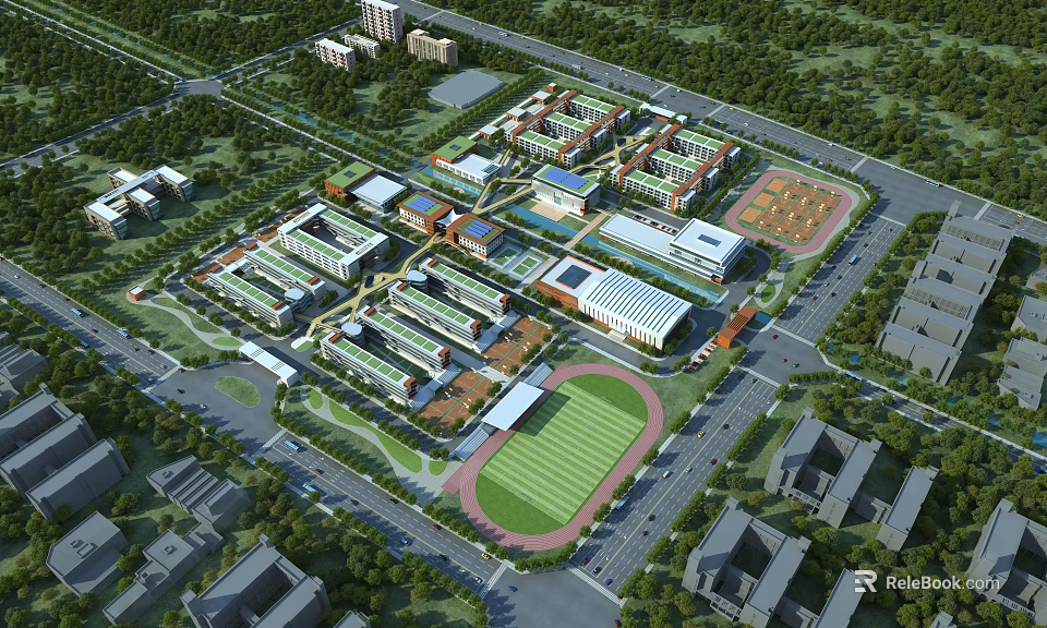 Modern School Buildings On Campus With Sports Field Green Areas Surrounded By Trees 3d model 