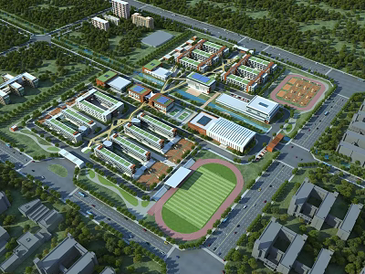 Modern School Buildings On Campus With Sports Field Green Areas Surrounded By Trees 3d model