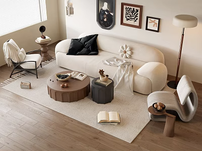 Modern Living Room Sofa Coffee Table Set With Black Pillows Framed Art And Floor Lamp 3d model