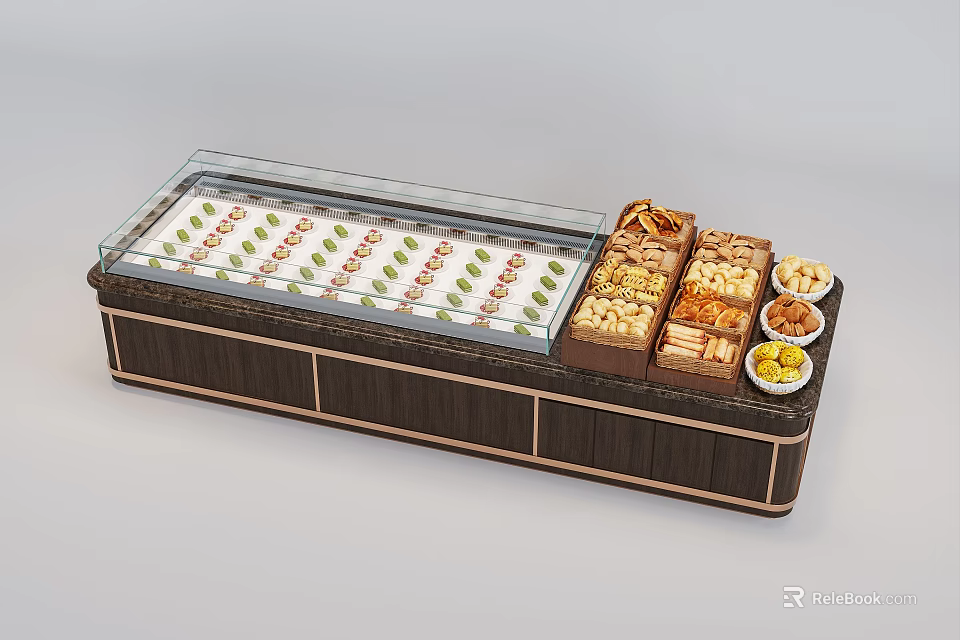 Wooden Food Display Shelf With Glass Cover Showcasing Ice Cream Pastries And Snacks 3d model 