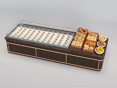 Wooden Food Display Shelf With Glass Cover Showcasing Ice Cream Pastries And Snacks 3d model