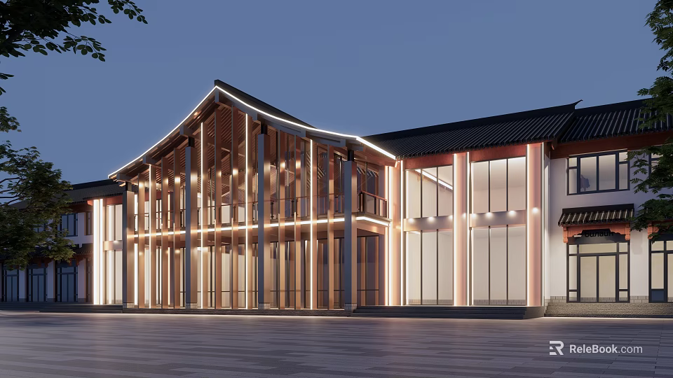 Traditional Sloped Roof Homestay Building With Wooden Structure And Large Glass Windows 3d model 