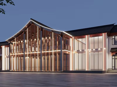 Traditional Sloped Roof Homestay Building With Wooden Structure And Large Glass Windows 3d model