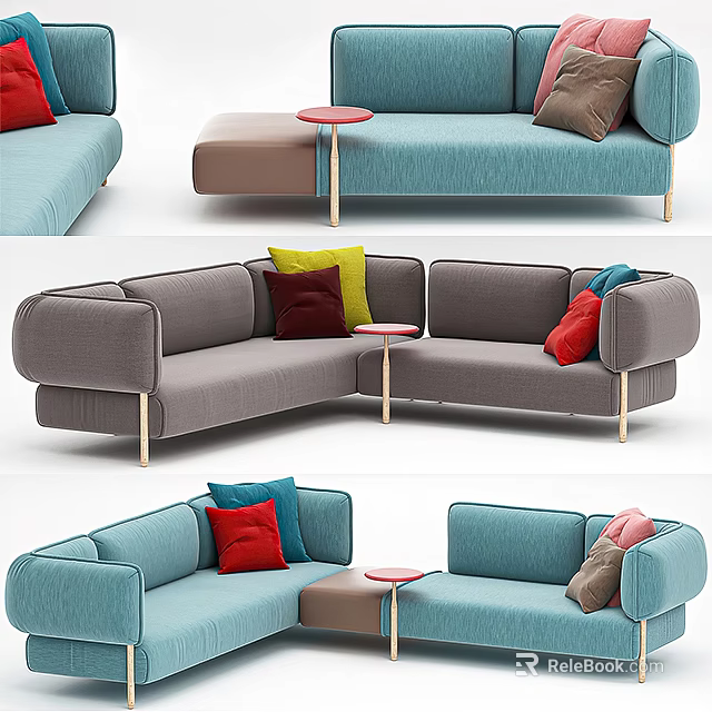 Modern L shaped Sofa Set With Multicolored Pillows And Small Side Tables 3d model