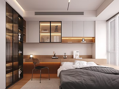 Modern Tatami Bedroom Interior With Built in Storage Cabinets Soft Lighting And Wooden Desk 3d model