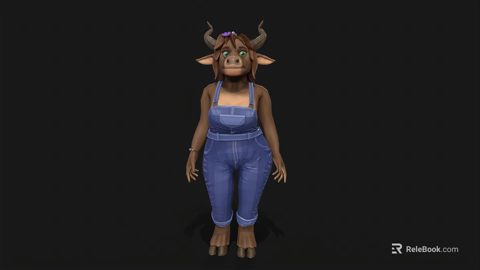 Cute Cartoon Cow Character Wearing Blue Overalls With Horns And Hair Accessory 3d model 