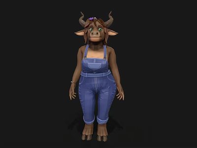 Cute Cartoon Cow Character Wearing Blue Overalls With Horns And Hair Accessory 3d model