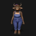 Cute Cartoon Cow Character Wearing Blue Overalls With Horns And Hair Accessory