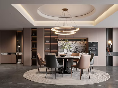Modern Restaurant Interior With Round Dining Table Chairs Chandelier And Area Rug 3d model