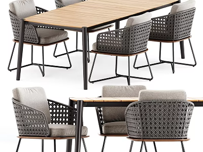 Modern Table And Chair Set With Wooden Top Wicker Seats Gray Cushions And Metal Frame 3d model