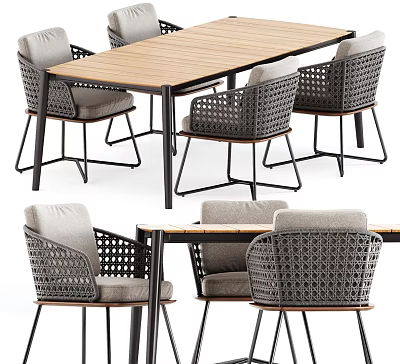 Modern Table And Chair Set With Wooden Top Wicker Seats Gray Cushions And Metal Frame 3d model