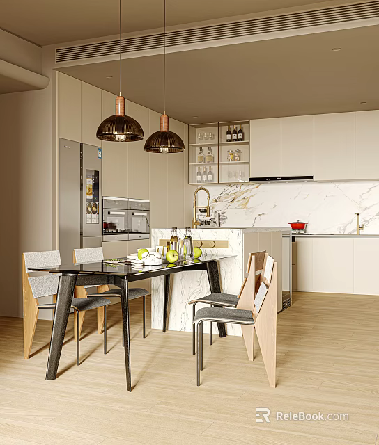 Modern Restaurant Dining Area With Glass Table Brass Pendant Lights White Cabinets And Marble Backsplash 3d model 