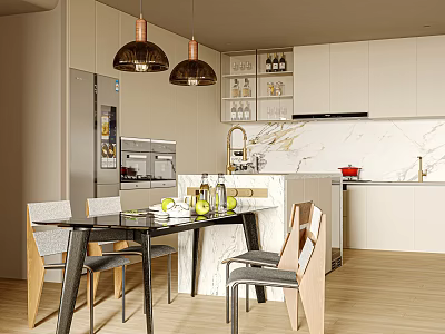 Modern Restaurant Dining Area With Glass Table Brass Pendant Lights White Cabinets And Marble Backsplash 3d model