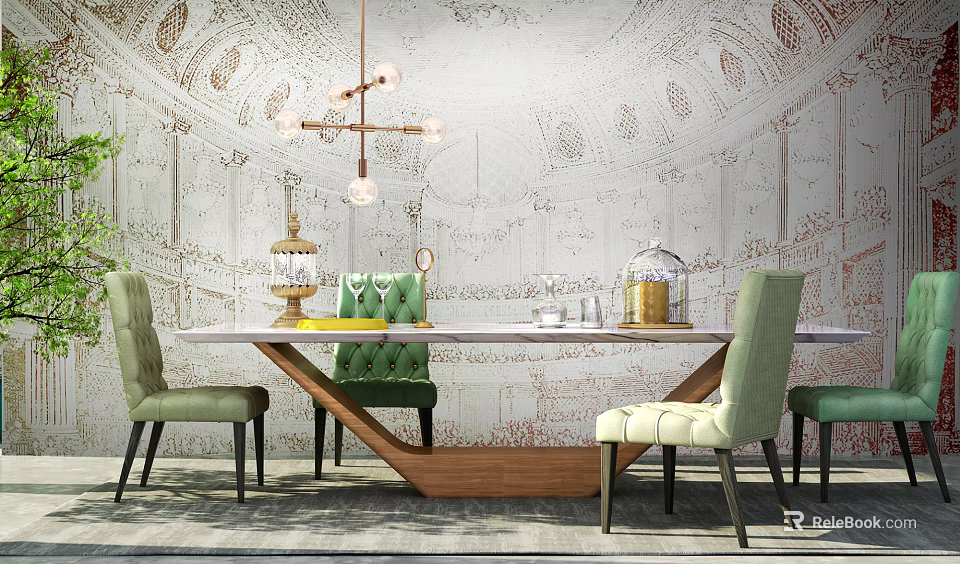 Stylish Dining Table Combination With Green Chairs Hanging Light And Artistic Wall 3d model