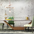 Stylish Dining Table Combination With Green Chairs Hanging Light And Artistic Wall 3d model