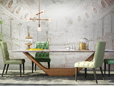 Simple European Dining Table and Chair Combination Fashion Dining Table Glass Jar Ornaments Combination 3d model