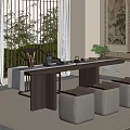 Traditional Tea Room Featuring Bamboo Screens Green Plants Scenery Long Wooden Table And Landscape Painting