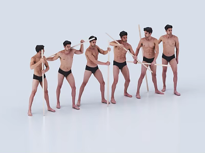 Men Wearing Black Underwear Holding Wooden Sticks Posing In Different Positions Against White Background 3d model
