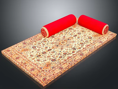 Beige Area Carpet With Intricate Floral Pattern And Red Decorative Rolls On Top 3d model