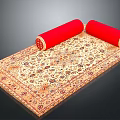 Beige Area Carpet With Intricate Floral Pattern And Red Decorative Rolls On Top