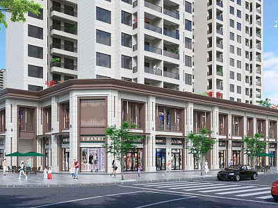 Modern Commercial Street With Tall Buildings Storefronts Pedestrians Trees And Cars 3d model