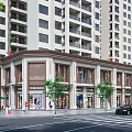 Modern Commercial Street With Tall Buildings Storefronts Pedestrians Trees And Cars