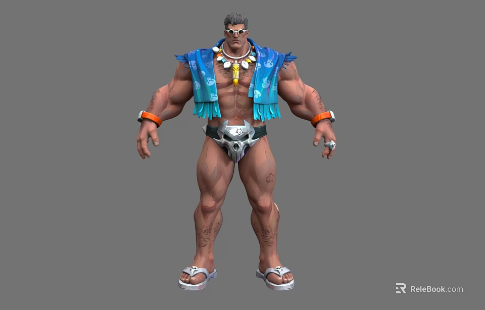 Muscular Man In Blue And White Fringe Outfit With Silver Belt And Sandals 3d model 