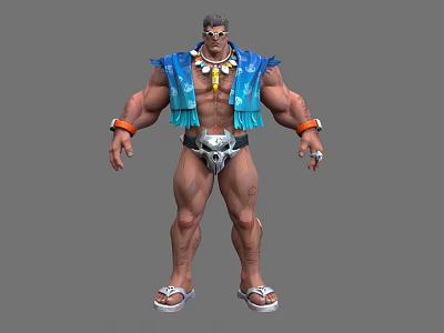 Muscular Man In Blue And White Fringe Outfit With Silver Belt And Sandals 3d model