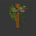Decorative Garden Structure With Wooden Pillars Hanging Plants Red Flowers And Green Vines