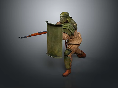 Man in Medieval Armor Crouching in Combat Pose With Green Shield and Rifle 3d model